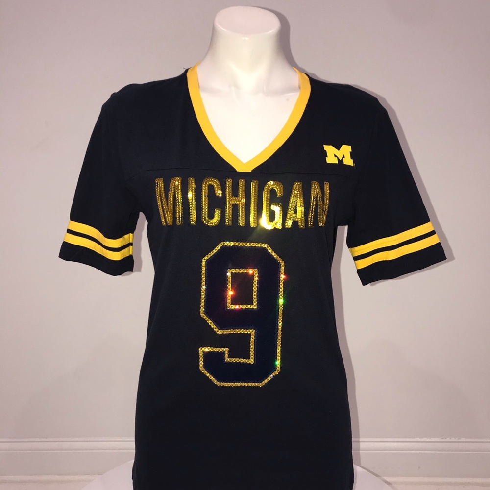 U of M Navy T shirt Swarovski Crystals Sequins  L